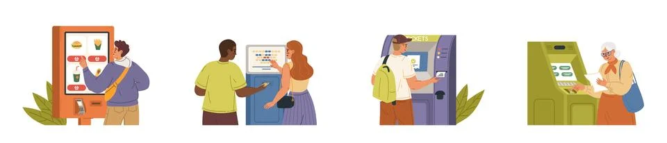 People using self-service terminal to buy, pay and order Stock Illustration