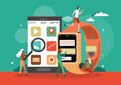 People using smart watch and smartphone mobile devices, vector illustration Illustration