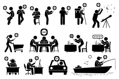 People using smartphone app for various activities. Vector depict use of mobi Stock Illustration