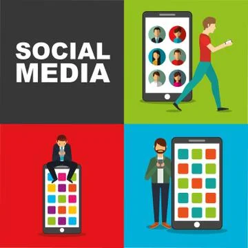 People using smartphone with big mobile device social media イラスト素材