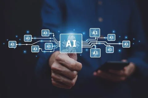 People using smartphone for digital chatbot robot application, conversation.. Stock Photos