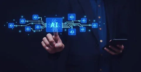 People using smartphone for digital chatbot robot application, conversation.. Stock Photos