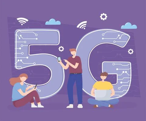 People using smartphone, laptop devices technology wireless connection 5G Illustrazione stock