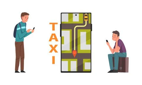 People using smartphone mobile app for online ordering taxi cartoon vector Illustrazione stock