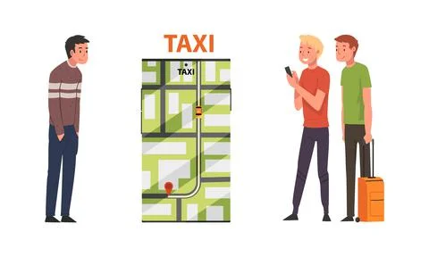 People using smartphone mobile app for ordering taxi car cartoon vector Stock Illustration