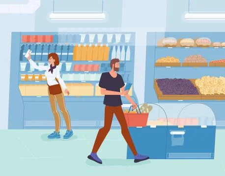 People using smartphone purchasing at grocery store Illustrazione stock