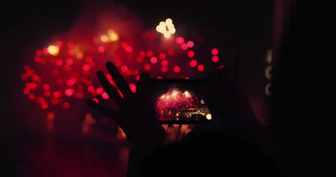 People using smartphones to capture video Hong kong national day fireworks 2018. Stock Footage 201096889