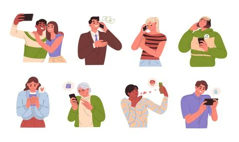 People using smartphones. Mobile apps, online, calls and entertainment Stock Illustration