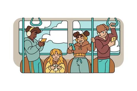 People using smartphones on subway Stock Illustration