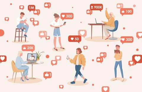 People using social media vector flat illustration. Happy smiling men and women Stock Illustration