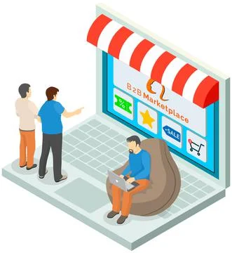 People using tablet with app to buy and order. B2b marketplace, online shop Illustrazione stock