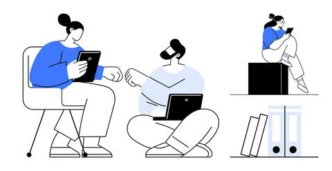 People using tablets and laptops in a collaborative work environment. Ideal f イラスト素材
