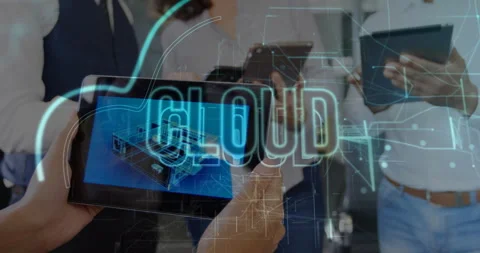 People using tablets and phones with cloud computing animation overlay Video stock 304203428