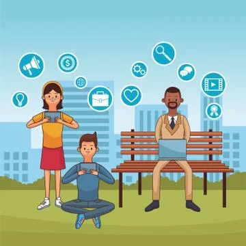 People using technology at park Stock Illustration