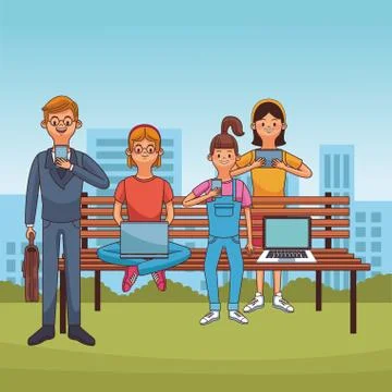 People using technology at park Stock Illustration