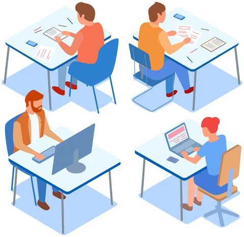 People using their laptops and doing paperwork. Employees sitting at workplaces Stock Illustration