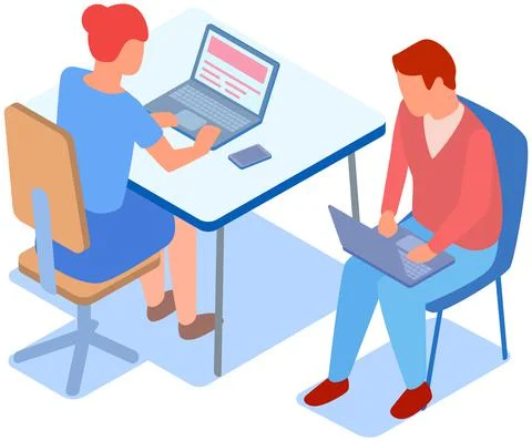 People using their laptops while working in office. Teamwork with technology at 스톡 일러스트