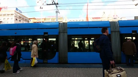 People using Trams in Zagreb, Croatia. Public transportation works really well Stock Footage 119091394