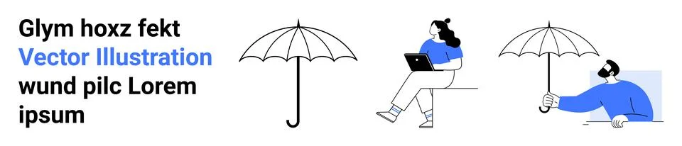 People Using Umbrellas and Working on Laptops in Minimalist Vector Art Style 스톡 일러스트
