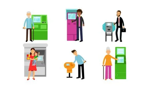 People Using Various Range Of Automatic Teller Machines Vector Illustrations Set Stock Illustration