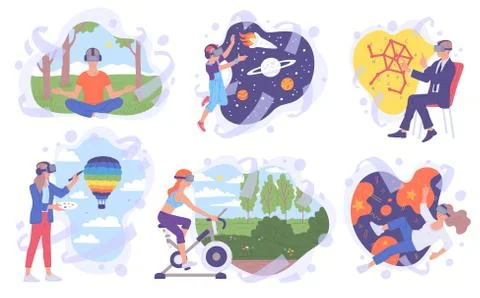People using virtual reality glasses, flat vector illustrations set isolated. Illustrazione stock