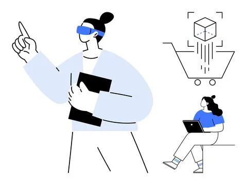 People using VR headset, shopping cart with cube icon, person with laptop. Id Stock Illustration