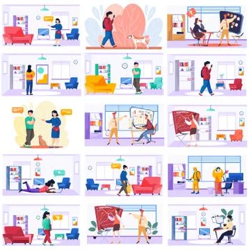People in various common situations work at a table in office, at home, walking 库存插图