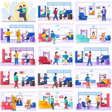 People in various common situations work at a table in office, at home, walking 库存插图