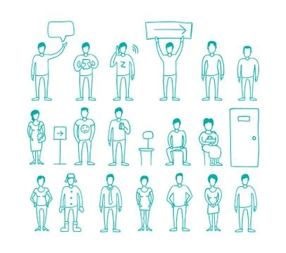 People vector set drawing hand standing and waiting in line Stock Illustration