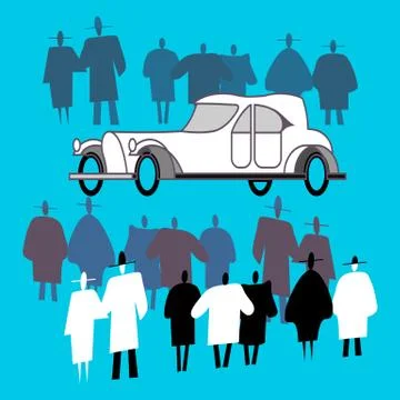People view a retro car and crowd around it Stock Illustration
