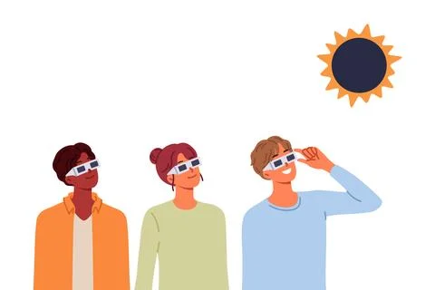 People view solar eclipse using disposable glasses to observe rare astronomical Stock Illustration