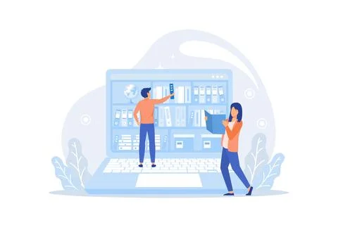 People in virtual e-library website landing page template layout flat vecto.. Stock Illustration