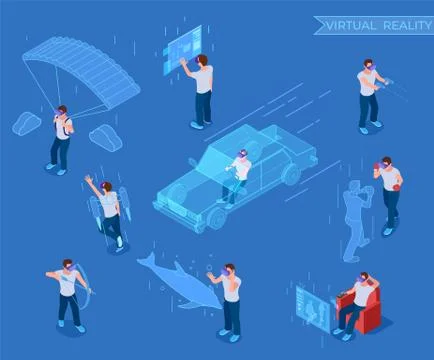 People in virtual reality. Man in headset, vr simulation equipment. 3d isometric Stock Illustration
