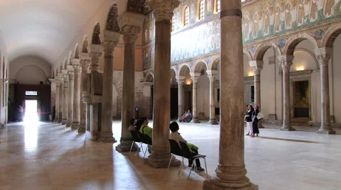 People visit Basilica of Sant Apollinare Nuovo in Ravenna, Italy. Stock Footage 59796392