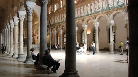 People visit Basilica of Sant Apollinare Nuovo in Ravenna, Italy. Stock Footage 59796435