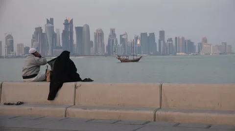 People visit the Corniche in Doha, Qatar Stock Footage