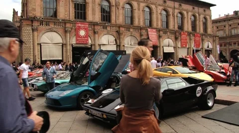 People visit exposition of Lamborghini cars in Bologna, Italy. Stock Footage 59791203