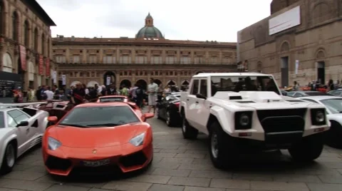 People visit exposition of Lamborghini cars at the square in Bologna, Italy. Stock Footage 59791213