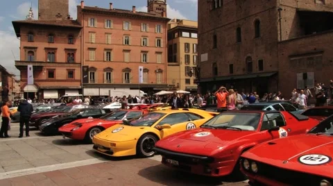 People visit exposition of Lamborghini cars at the square in Bologna, Italy. Stock Footage 59791268