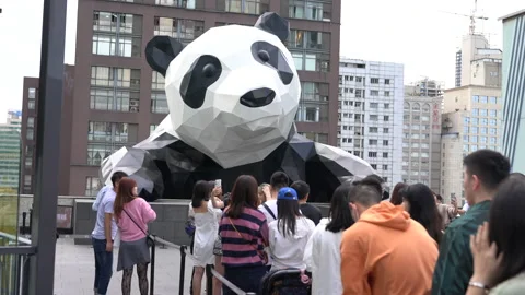 People visiting next to a large scale sculpture of panda in Chengdu Stock Footage 142445635