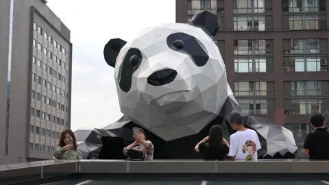People visiting next to a large scale sculpture of panda in Chengdu Stock Footage 142445887