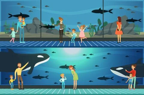 People visiting an oceanarium set of vector Illustrations, parents with children Stock Illustration