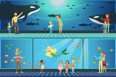People visiting an oceanarium set of vector Illustrations, parents with children Stock Illustration