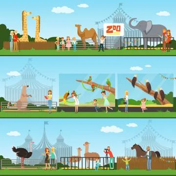 People visiting an zoo set of vector Illustrations, parents with children イラスト素材