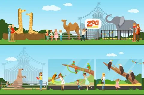 People visiting an zoo set of vector Illustrations, parents with children Illustrazione stock