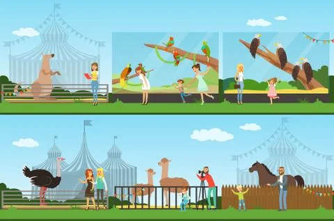People visiting an zoo set of vector Illustrations, parents with children Illustrazione stock