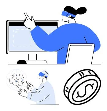 People in VR headsets interacting with computer screens and brain holograms,  Stock Illustration