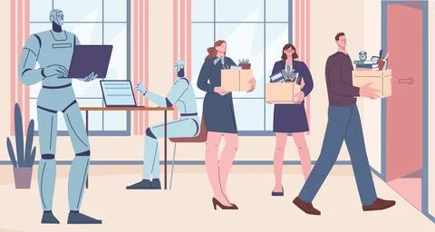People vs robots on work. Employee human dismissal, welcome robot in office イラスト素材
