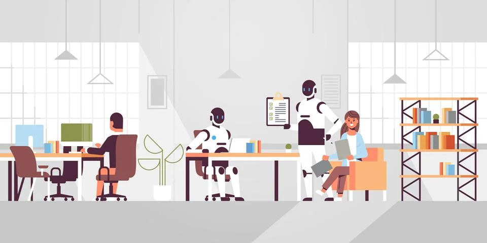 People vs robots working in creative co-working open space coworkers Stock Illustration