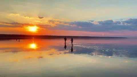 People Wading In Shallow Estuary During Spectacular Sunset Stock Footage 341755967
